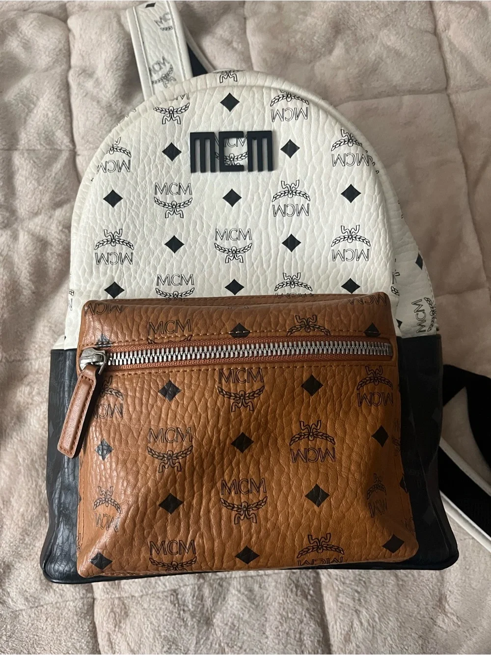 MCM, Stark Tricolor Visetos Canvas backpack small in white, cognac and black